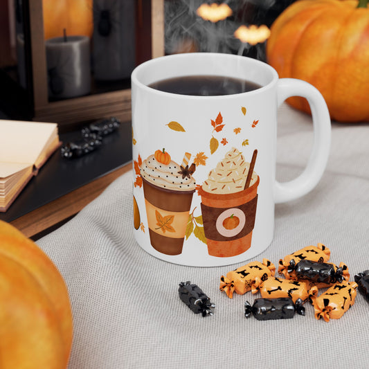 Fall Pumpkin Spice Latte Design Ceramic Mug, (11oz, 15oz)