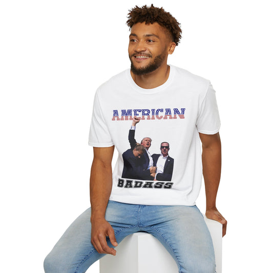 American Badass Pro-Trump Softstyle T-Shirt – Tribute to Trump's Resilience