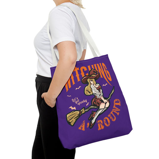 Witching A'Round Halloween Tote Bag | Purple Witch Design Tote