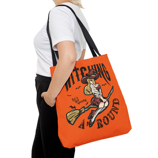 Witching A'Round Halloween Tote Bag | Orange Witch Design Tote