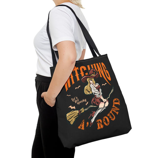 Witching A'Round Halloween Tote Bag | Black Witch Design Tote