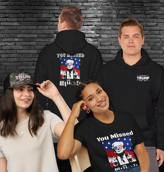 Trump 47 "You Missed B*tches" 3-Piece Bundle: Hoodie, T-Shirt & Camo Trucker Hat