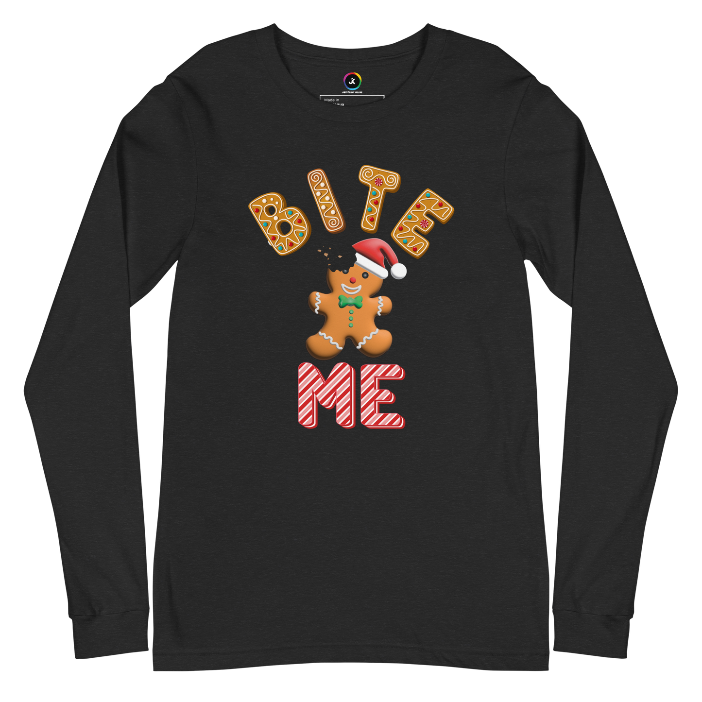 "Bite Me" Gingerbread Man Christmas Bella+Canvas Long Sleeve Shirt – Humorous Holiday Apparel