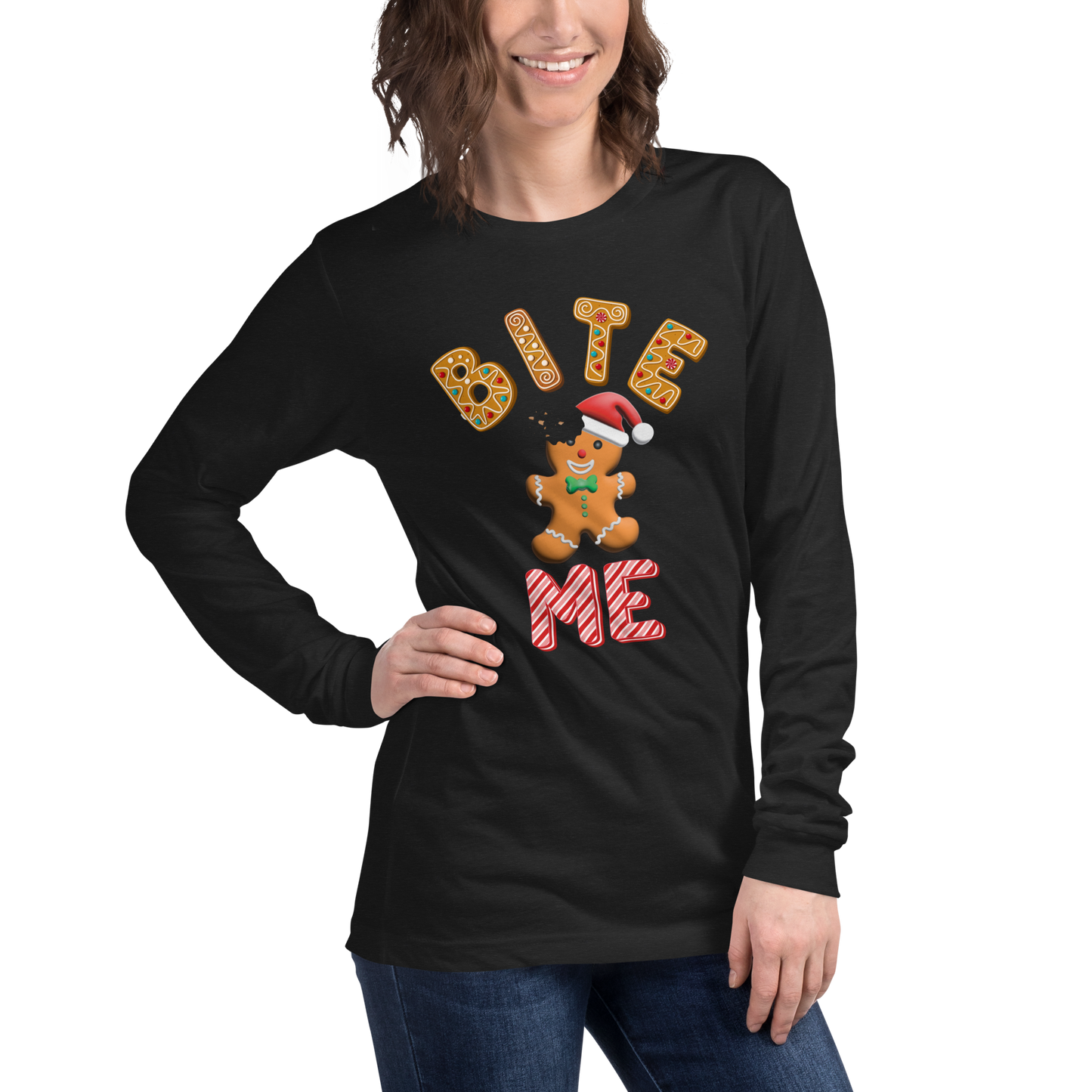 "Bite Me" Gingerbread Man Christmas Bella+Canvas Long Sleeve Shirt – Humorous Holiday Apparel