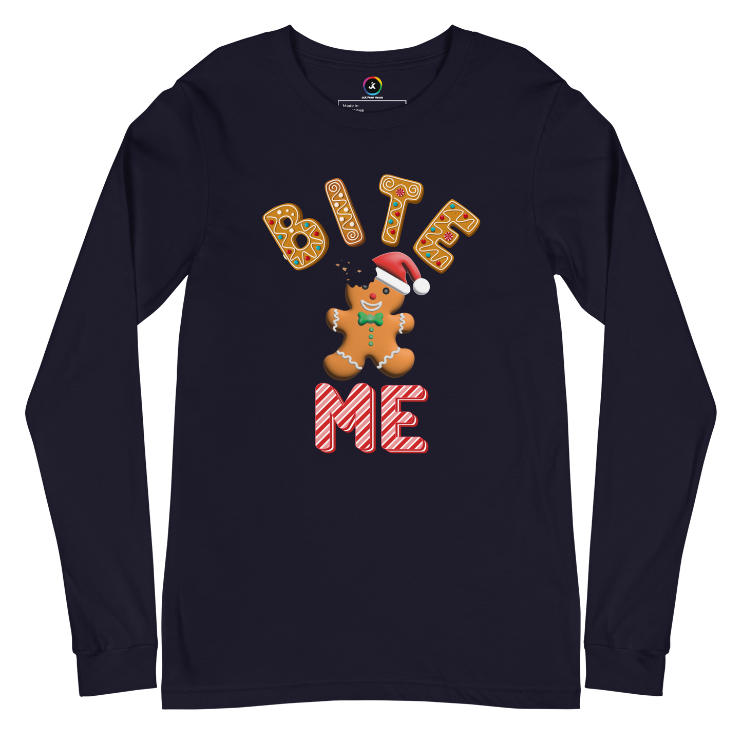 "Bite Me" Gingerbread Man Christmas Bella+Canvas Long Sleeve Shirt – Humorous Holiday Apparel