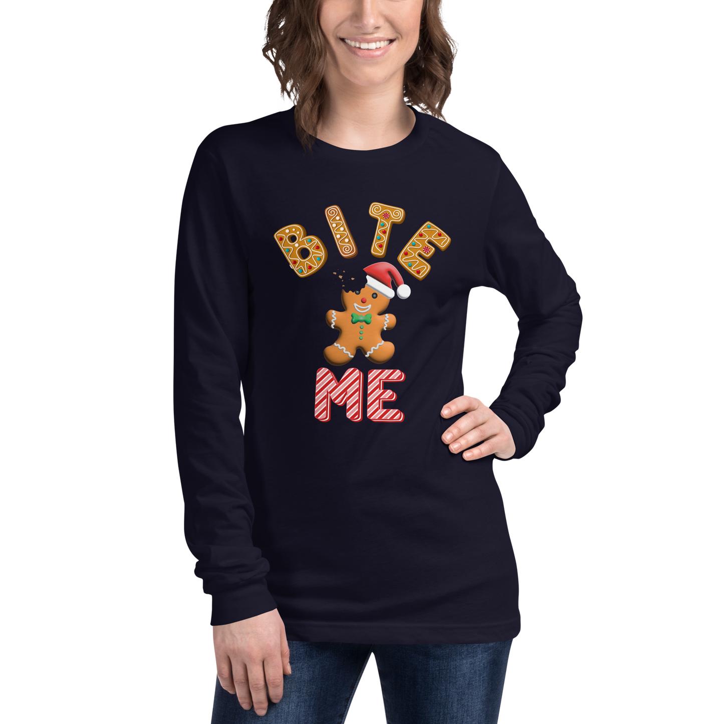 "Bite Me" Gingerbread Man Christmas Bella+Canvas Long Sleeve Shirt – Humorous Holiday Apparel