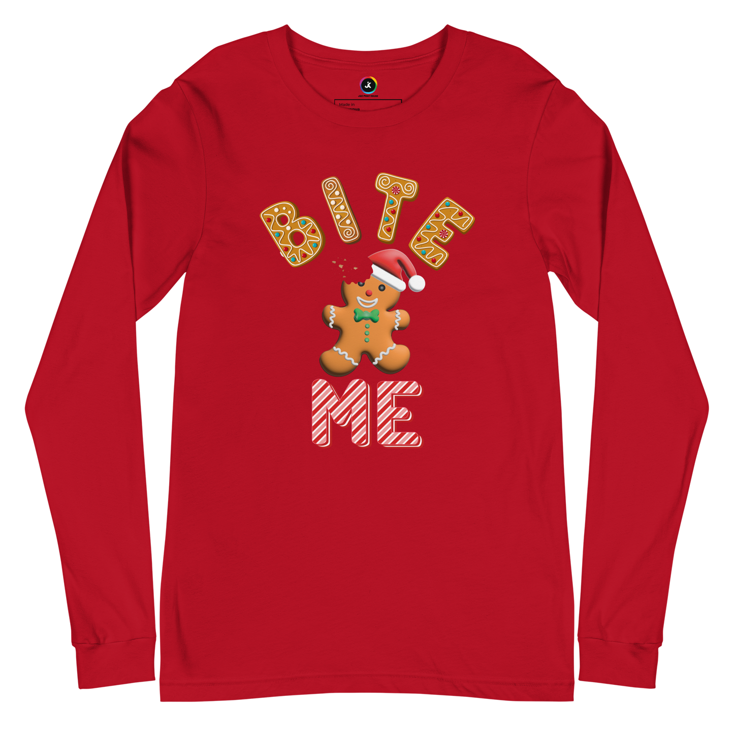 "Bite Me" Gingerbread Man Christmas Bella+Canvas Long Sleeve Shirt – Humorous Holiday Apparel