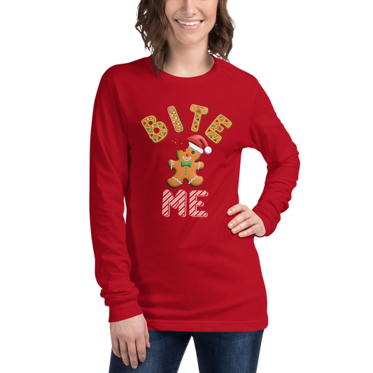 "Bite Me" Gingerbread Man Christmas Bella+Canvas Long Sleeve Shirt – Humorous Holiday Apparel