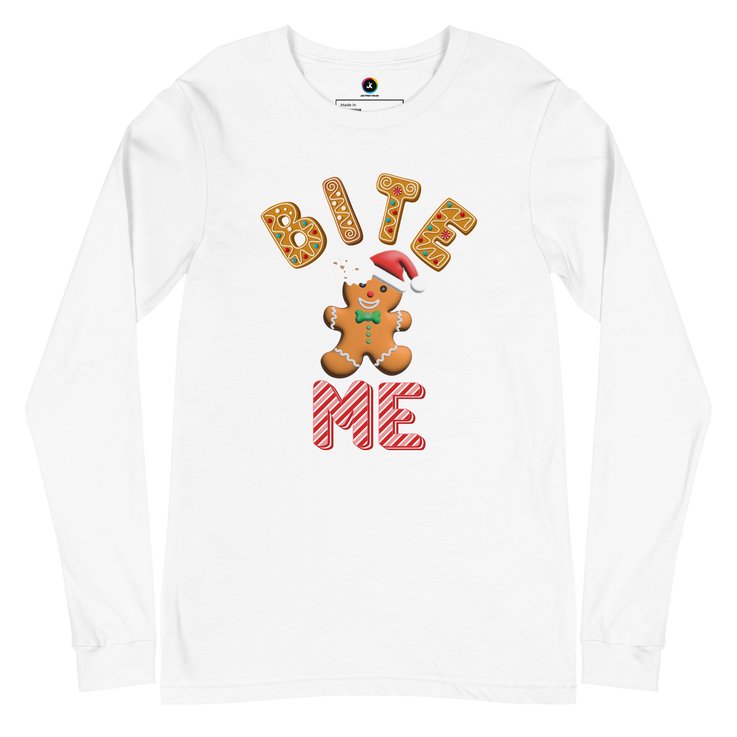 "Bite Me" Gingerbread Man Christmas Bella+Canvas Long Sleeve Shirt – Humorous Holiday Apparel