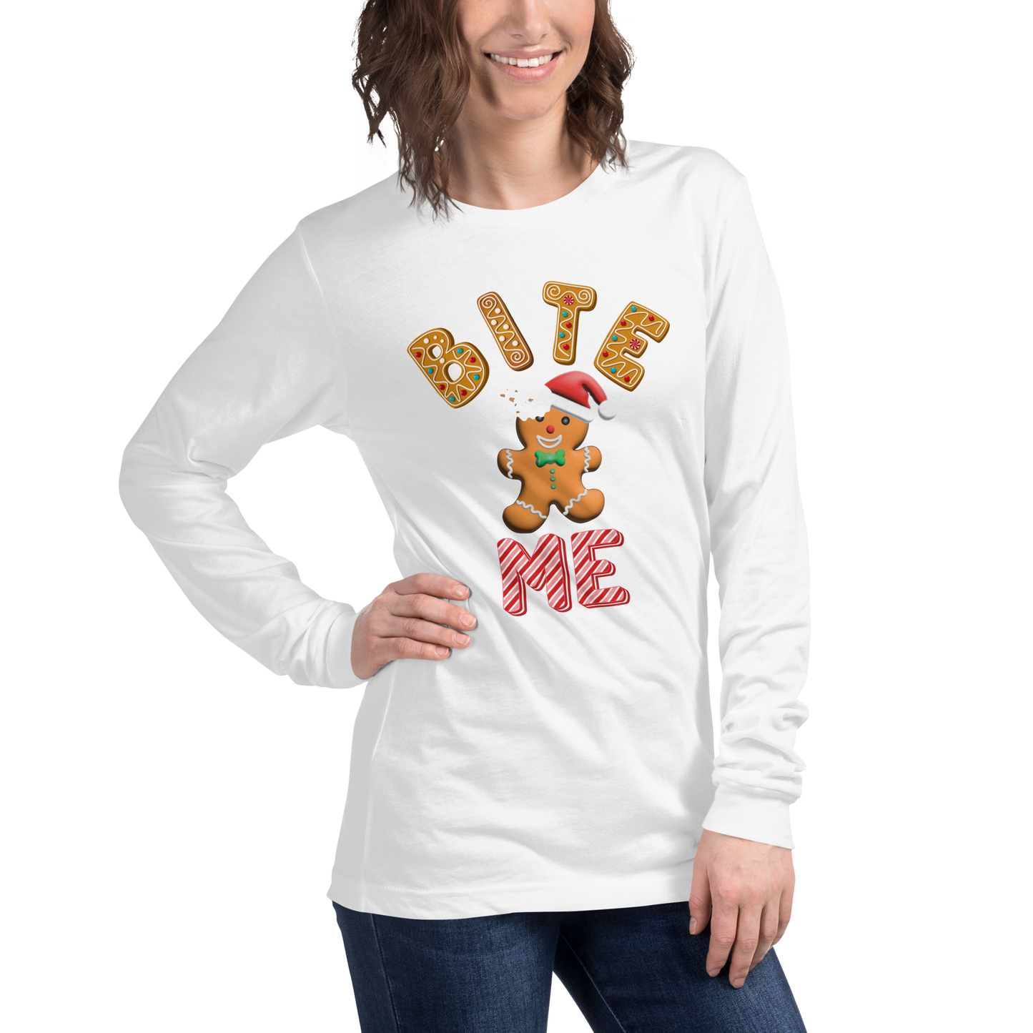 "Bite Me" Gingerbread Man Christmas Bella+Canvas Long Sleeve Shirt – Humorous Holiday Apparel